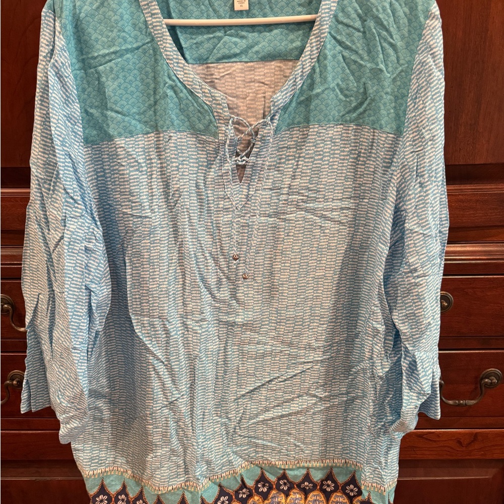 J. Jill Teal and White Tunic with Patterned Hem